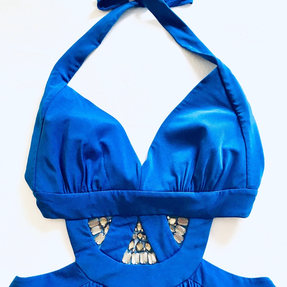 NWT BCBG Blue Cutout Jeweled Mini Dress L - Picture 3 of 6